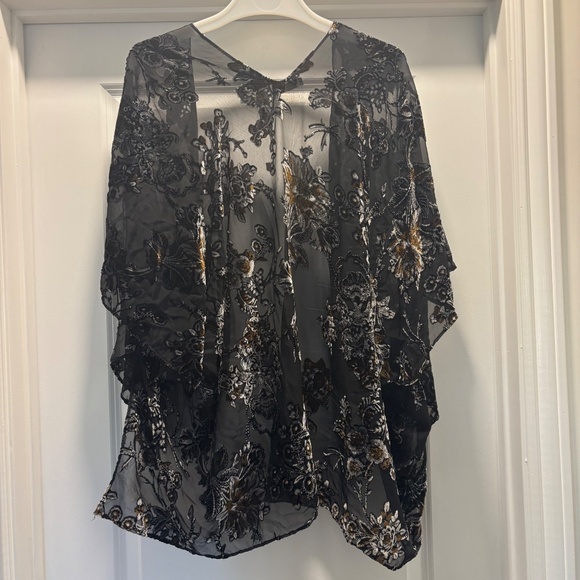 Janice Black Velvet Burnout Floral Pattern on Chiffon Open Kimono Duster - Picture 5 of 7